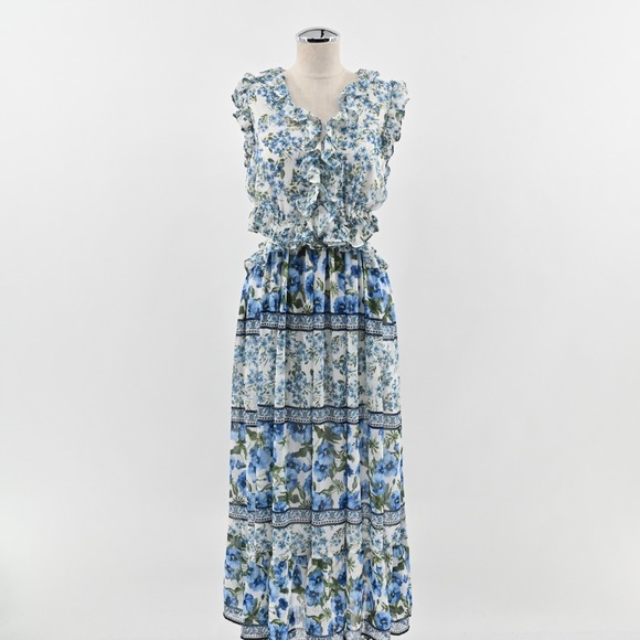 Moon River Ruffled Floral Print Maxi Dress Size L Blue Multi Sleeveless Cut Out Moon River Ruffled Floral Print Maxi Dress Size L Blue Multi Sleeveless Cut Out